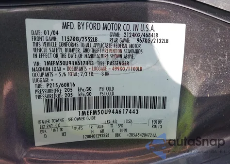 2004 Mercury Sable Gs from USA, damaged, VIN 1MEFM50U94A617443